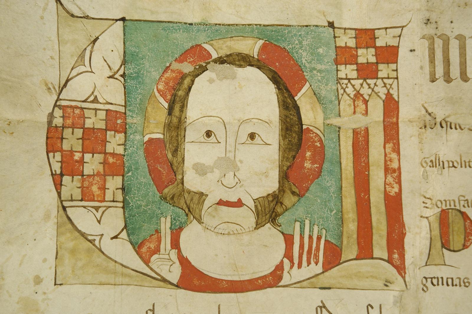 Particolare-del-capolettera-miniato-concessione-di-indulgenza-dell-anno-1331-APTn-Spaur-Valer-n.-505 b