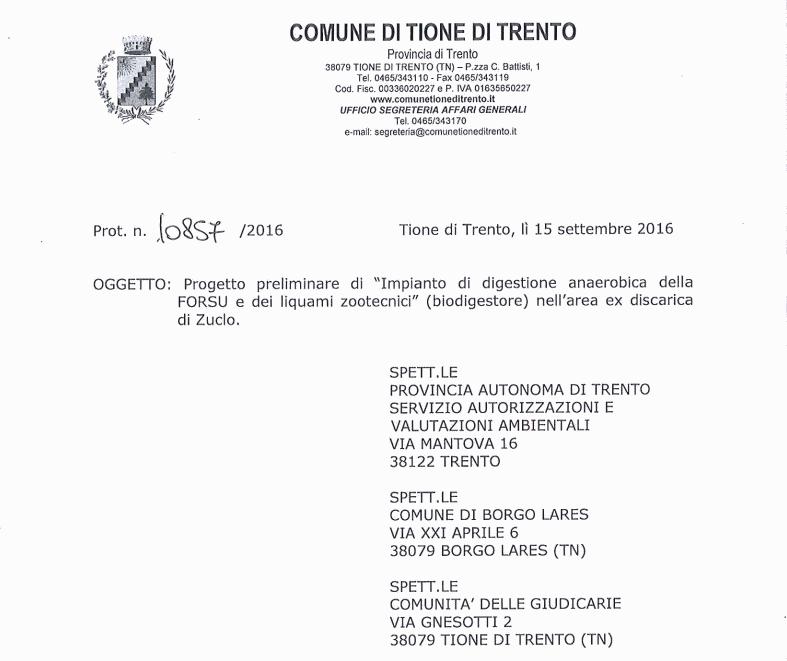 lettera biodigestore comune di Tione lettera biodigestore comune di Tione