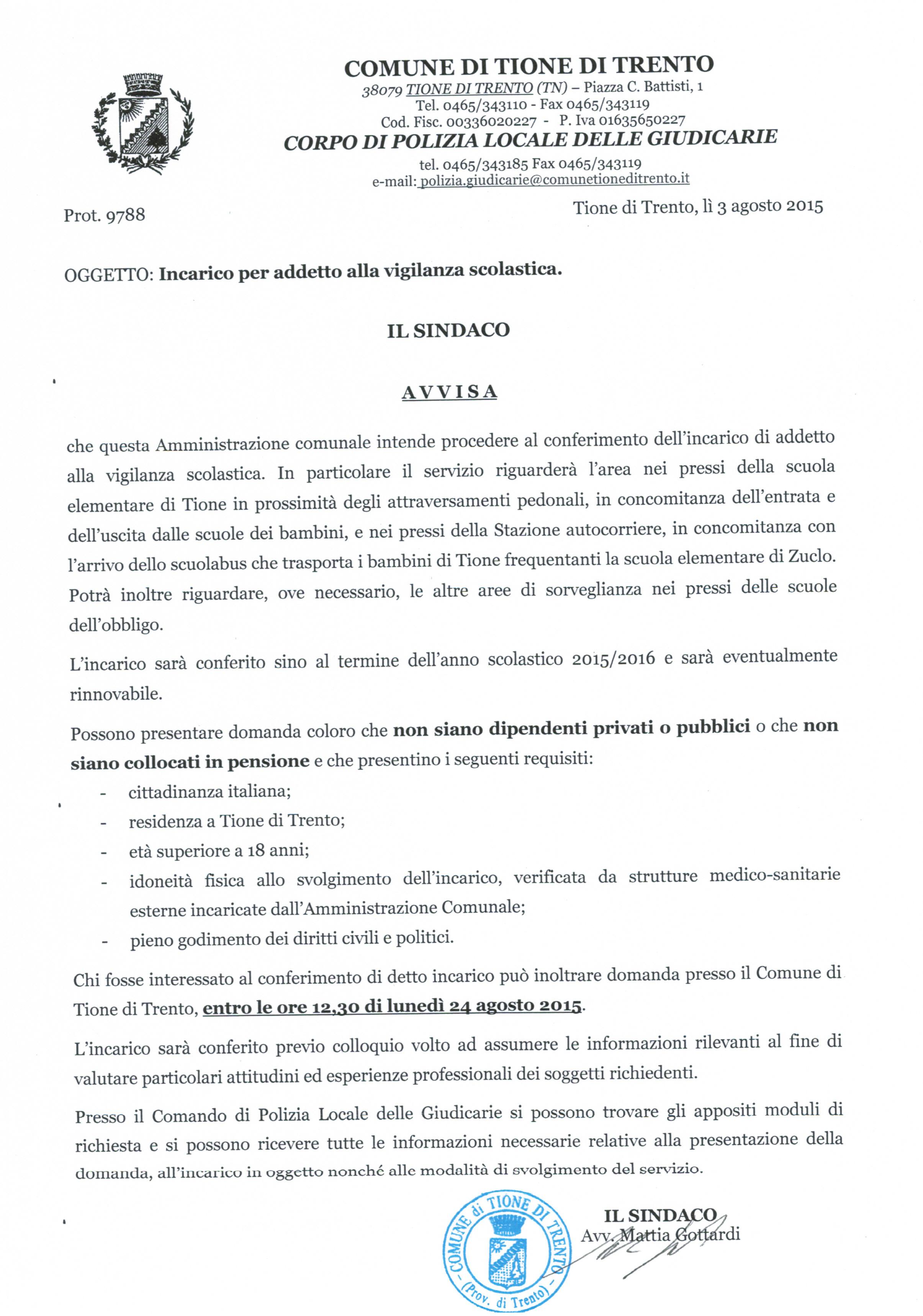 incarico per addetto alla vigilanza scolastica 2015-2016