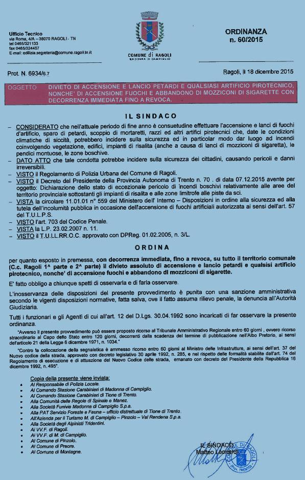 ordinanza comune di Ragoli divieto botti e petardi