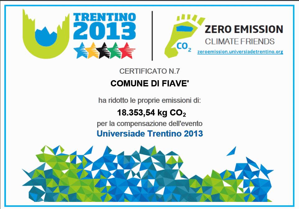 Certificato Fiavè universiadi emissioni zero