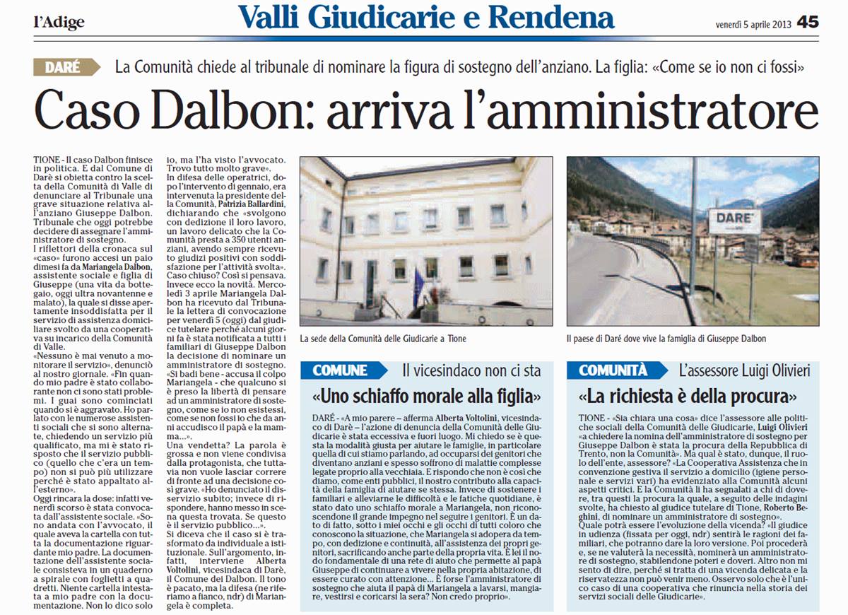 Caso Dalbon arriva lamministratore -Ladige 5 aprile 2013