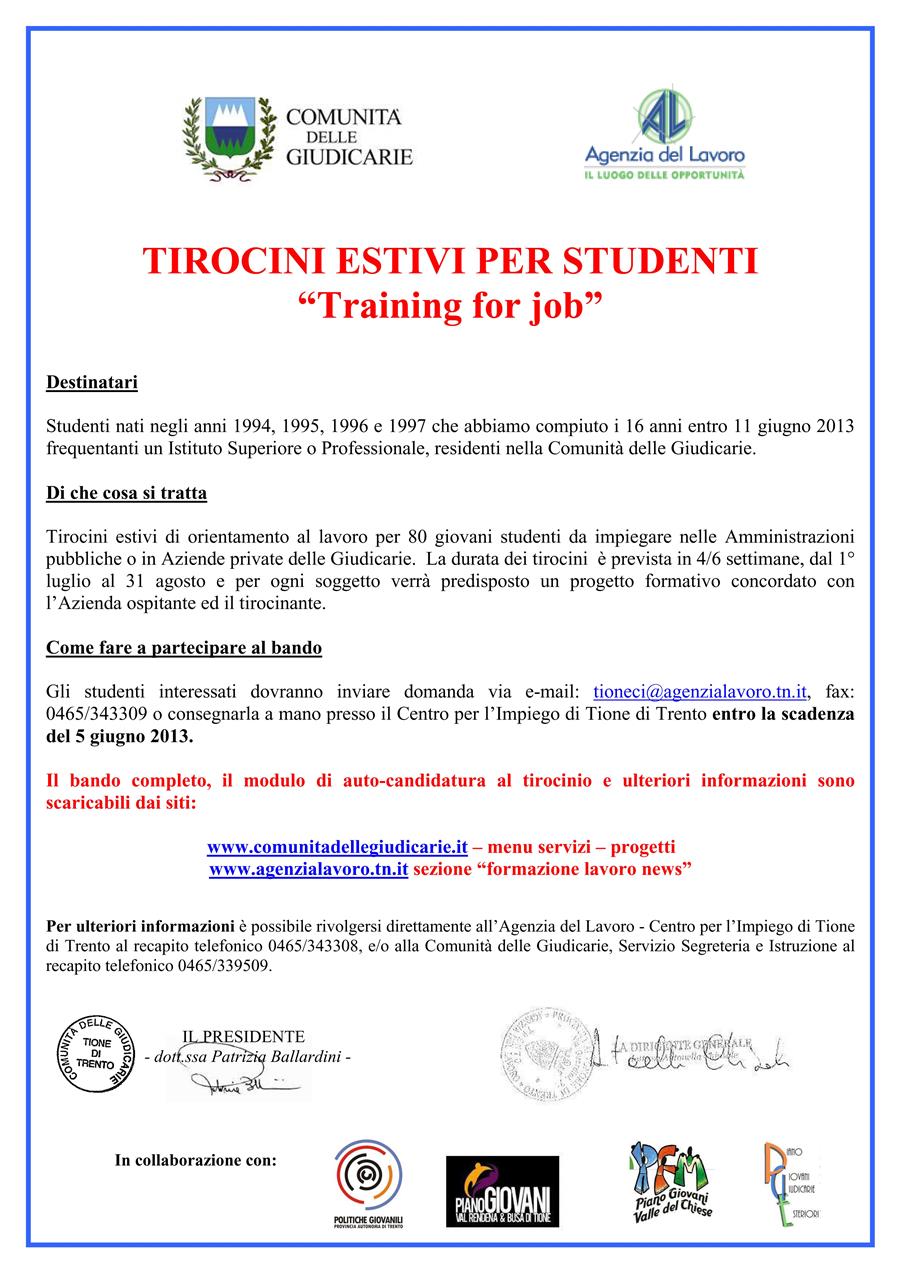 locandina tirocini estivi giudicarie